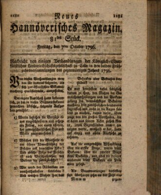 Neues hannoversches Magazin (Hannoversche Anzeigen) Freitag 7. Oktober 1796