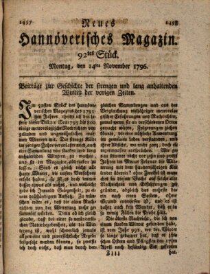 Neues hannoversches Magazin (Hannoversche Anzeigen) Montag 14. November 1796