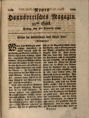 Neues hannoversches Magazin (Hannoversche Anzeigen) Freitag 9. Dezember 1796