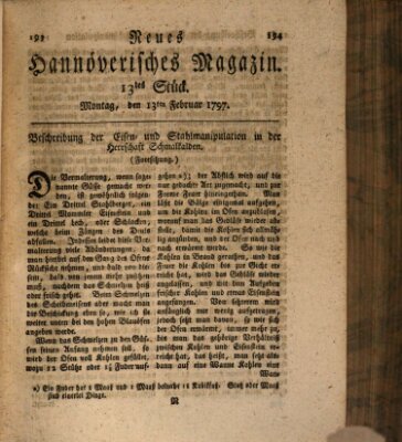 Neues hannoversches Magazin (Hannoversche Anzeigen) Montag 13. Februar 1797