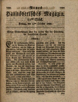 Neues hannoversches Magazin (Hannoversche Anzeigen) Freitag 13. Oktober 1797