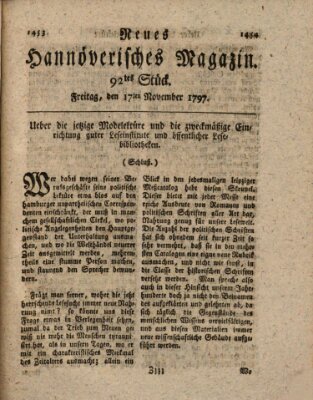 Neues hannoversches Magazin (Hannoversche Anzeigen) Freitag 17. November 1797