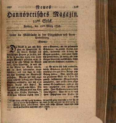 Neues hannoversches Magazin (Hannoversche Anzeigen) Freitag 16. März 1798