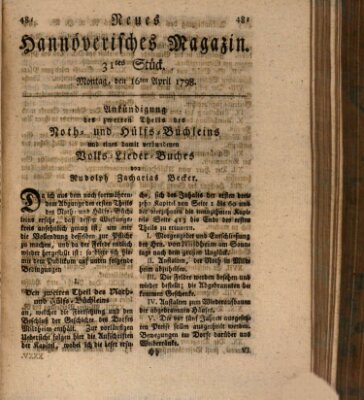 Neues hannoversches Magazin (Hannoversche Anzeigen) Montag 16. April 1798