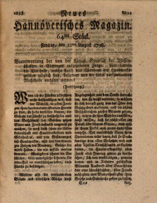 Neues hannoversches Magazin (Hannoversche Anzeigen) Freitag 10. August 1798