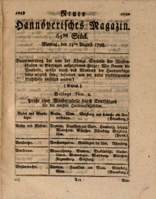 Neues hannoversches Magazin (Hannoversche Anzeigen) Montag 13. August 1798