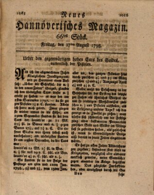 Neues hannoversches Magazin (Hannoversche Anzeigen) Freitag 17. August 1798