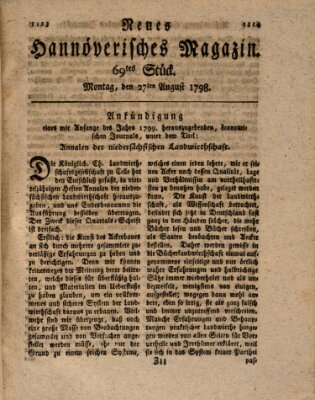 Neues hannoversches Magazin (Hannoversche Anzeigen) Montag 27. August 1798