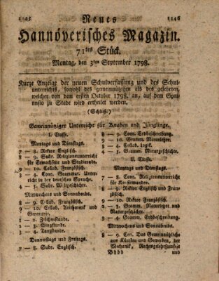 Neues hannoversches Magazin (Hannoversche Anzeigen) Montag 3. September 1798