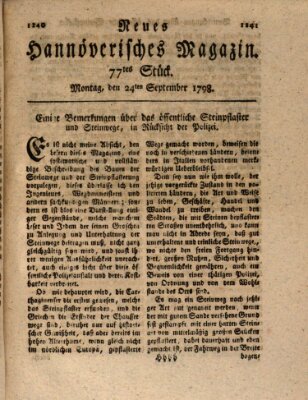 Neues hannoversches Magazin (Hannoversche Anzeigen) Montag 24. September 1798