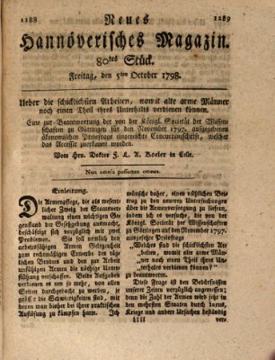 Neues hannoversches Magazin (Hannoversche Anzeigen) Freitag 5. Oktober 1798