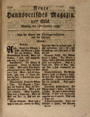 Neues hannoversches Magazin (Hannoversche Anzeigen) Montag 15. Oktober 1798