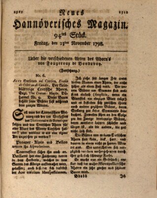 Neues hannoversches Magazin (Hannoversche Anzeigen) Freitag 23. November 1798