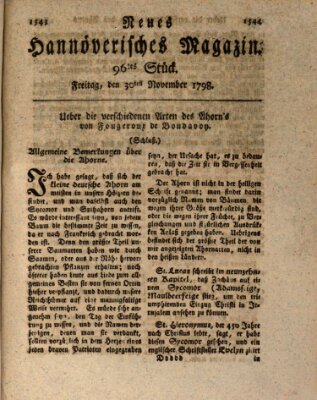 Neues hannoversches Magazin (Hannoversche Anzeigen) Freitag 30. November 1798