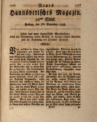 Neues hannoversches Magazin (Hannoversche Anzeigen) Freitag 7. Dezember 1798