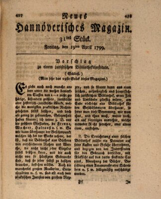 Neues hannoversches Magazin (Hannoversche Anzeigen) Freitag 19. April 1799