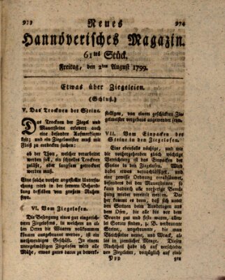 Neues hannoversches Magazin (Hannoversche Anzeigen) Freitag 2. August 1799