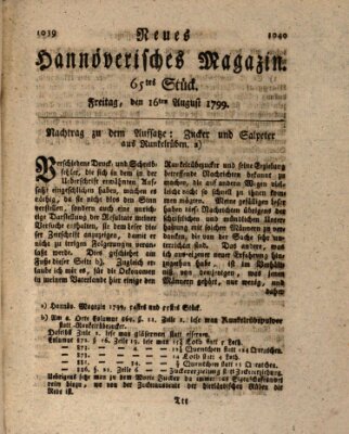 Neues hannoversches Magazin (Hannoversche Anzeigen) Freitag 16. August 1799