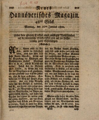 Neues hannoversches Magazin (Hannoversche Anzeigen) Montag 16. Juni 1800