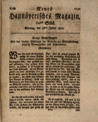 Neues hannoversches Magazin (Hannoversche Anzeigen) Montag 28. Juli 1800