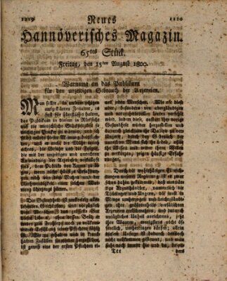 Neues hannoversches Magazin (Hannoversche Anzeigen) Freitag 15. August 1800