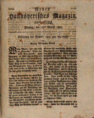 Neues hannoversches Magazin (Hannoversche Anzeigen) Montag 18. August 1800