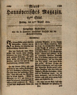 Neues hannoversches Magazin (Hannoversche Anzeigen) Freitag 29. August 1800