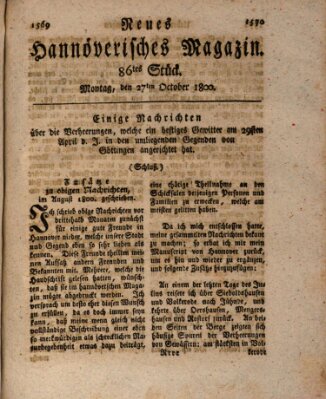 Neues hannoversches Magazin (Hannoversche Anzeigen) Montag 27. Oktober 1800