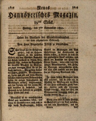 Neues hannoversches Magazin (Hannoversche Anzeigen) Freitag 7. November 1800