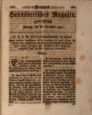 Neues hannoversches Magazin (Hannoversche Anzeigen) Montag 8. Dezember 1800