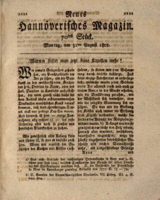 Neues hannoversches Magazin (Hannoversche Anzeigen) Montag 31. August 1801