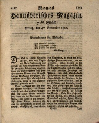 Neues hannoversches Magazin (Hannoversche Anzeigen) Freitag 4. September 1801