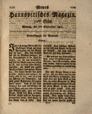 Neues hannoversches Magazin (Hannoversche Anzeigen) Montag 7. September 1801