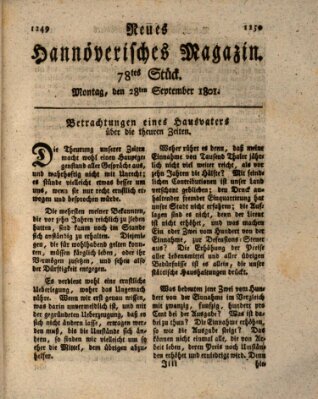 Neues hannoversches Magazin (Hannoversche Anzeigen) Montag 28. September 1801