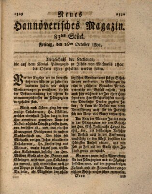 Neues hannoversches Magazin (Hannoversche Anzeigen) Freitag 16. Oktober 1801