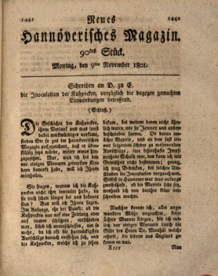 Neues hannoversches Magazin (Hannoversche Anzeigen) Montag 9. November 1801