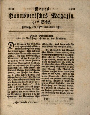 Neues hannoversches Magazin (Hannoversche Anzeigen) Freitag 13. November 1801