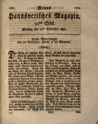 Neues hannoversches Magazin (Hannoversche Anzeigen) Montag 16. November 1801