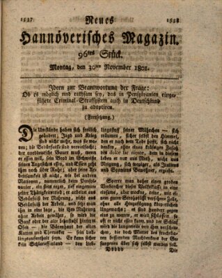 Neues hannoversches Magazin (Hannoversche Anzeigen) Montag 30. November 1801