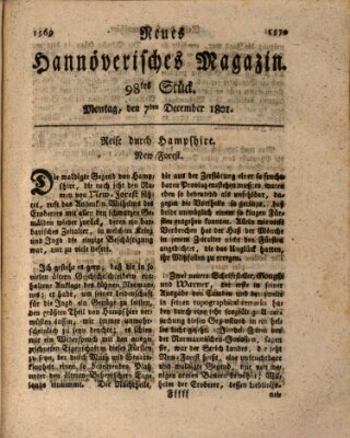 Neues hannoversches Magazin (Hannoversche Anzeigen) Montag 7. Dezember 1801