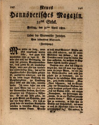 Neues hannoversches Magazin (Hannoversche Anzeigen) Freitag 30. April 1802