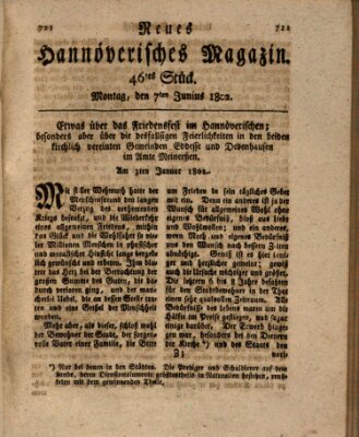 Neues hannoversches Magazin (Hannoversche Anzeigen) Montag 7. Juni 1802
