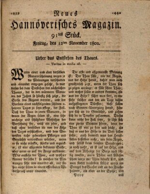 Neues hannoversches Magazin (Hannoversche Anzeigen) Freitag 12. November 1802