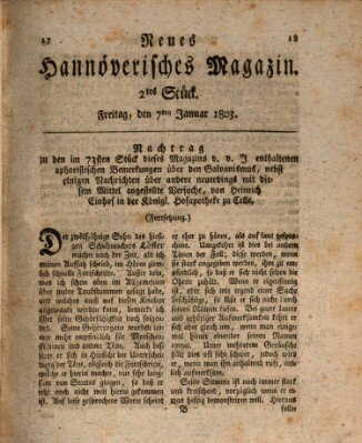 Neues hannoversches Magazin (Hannoversche Anzeigen) Freitag 7. Januar 1803