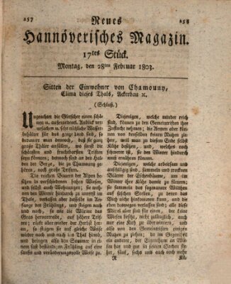 Neues hannoversches Magazin (Hannoversche Anzeigen) Montag 28. Februar 1803