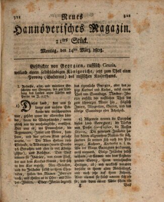 Neues hannoversches Magazin (Hannoversche Anzeigen) Montag 14. März 1803