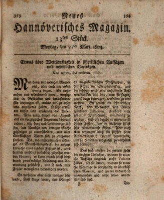 Neues hannoversches Magazin (Hannoversche Anzeigen) Montag 21. März 1803