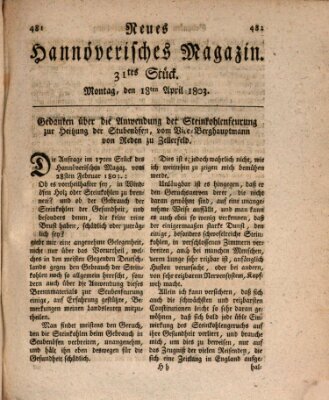 Neues hannoversches Magazin (Hannoversche Anzeigen) Montag 18. April 1803