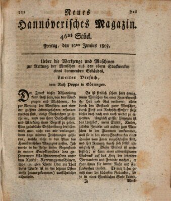 Neues hannoversches Magazin (Hannoversche Anzeigen) Freitag 10. Juni 1803