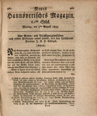 Neues hannoversches Magazin (Hannoversche Anzeigen) Montag 1. August 1803